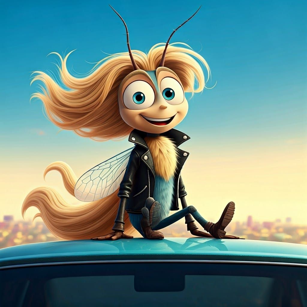 Fly on Speeding Convertible in Whimsical Cartoon Style