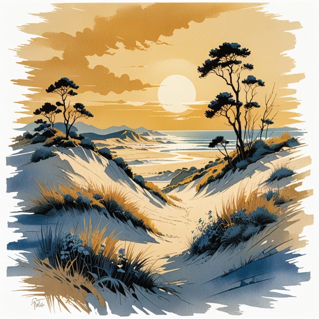 Coastal Dunes Vista in Watercolor Style