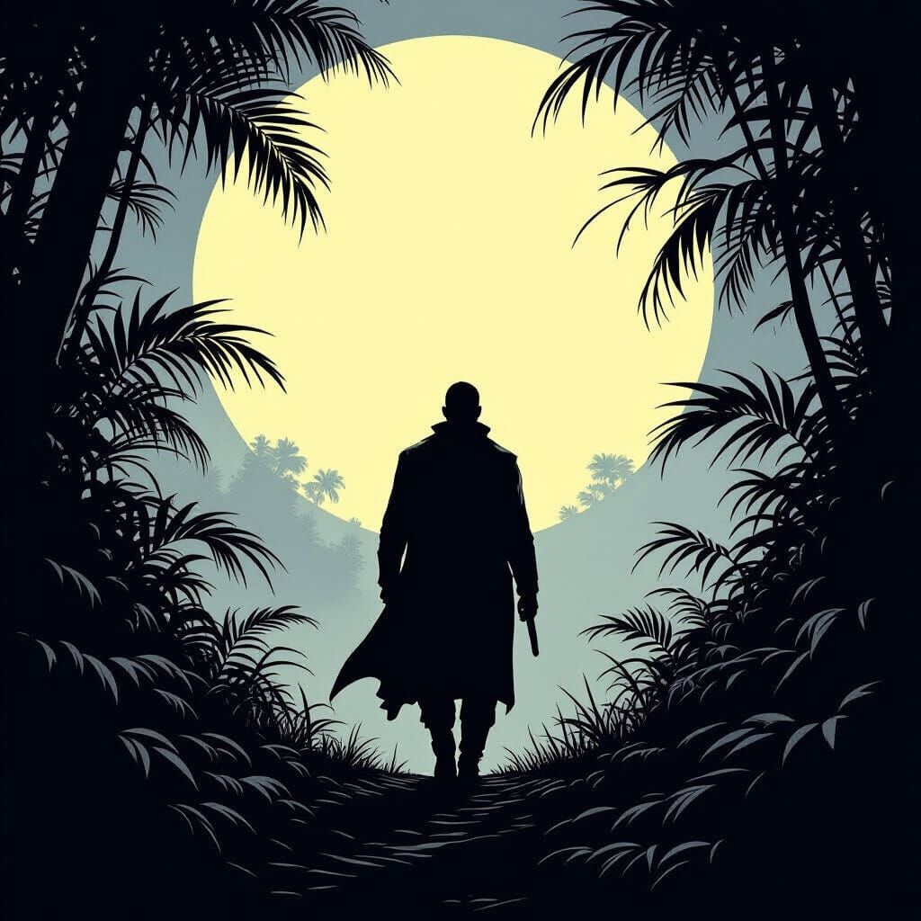 Lone Figure Under Yellow Moon in Black and White Jungle