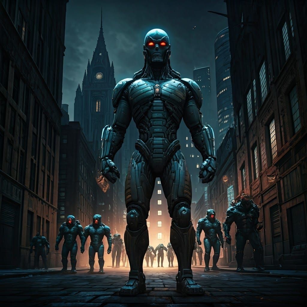 Cyberpunk Space Invaders in Dark Gotham Cityscape