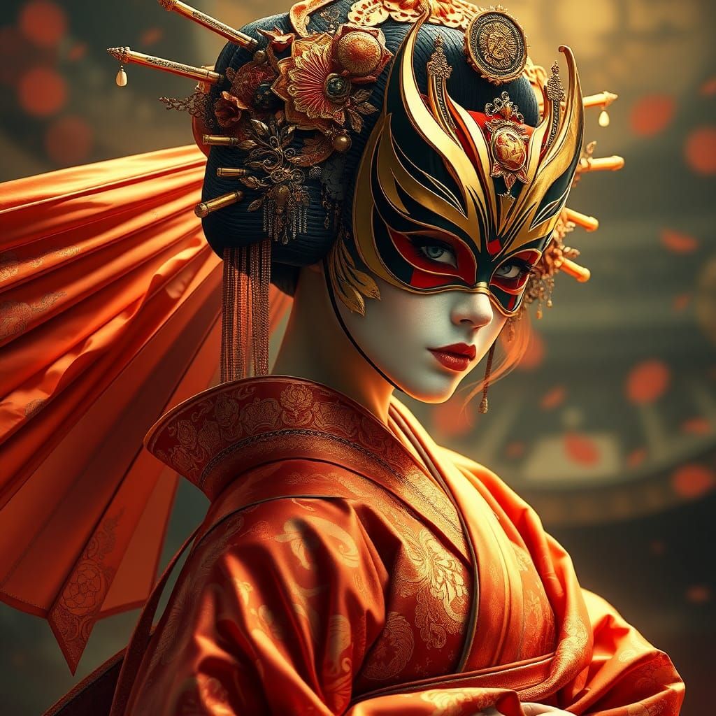 Regal Japanese Maiden in Kimono with Kabuki Mask