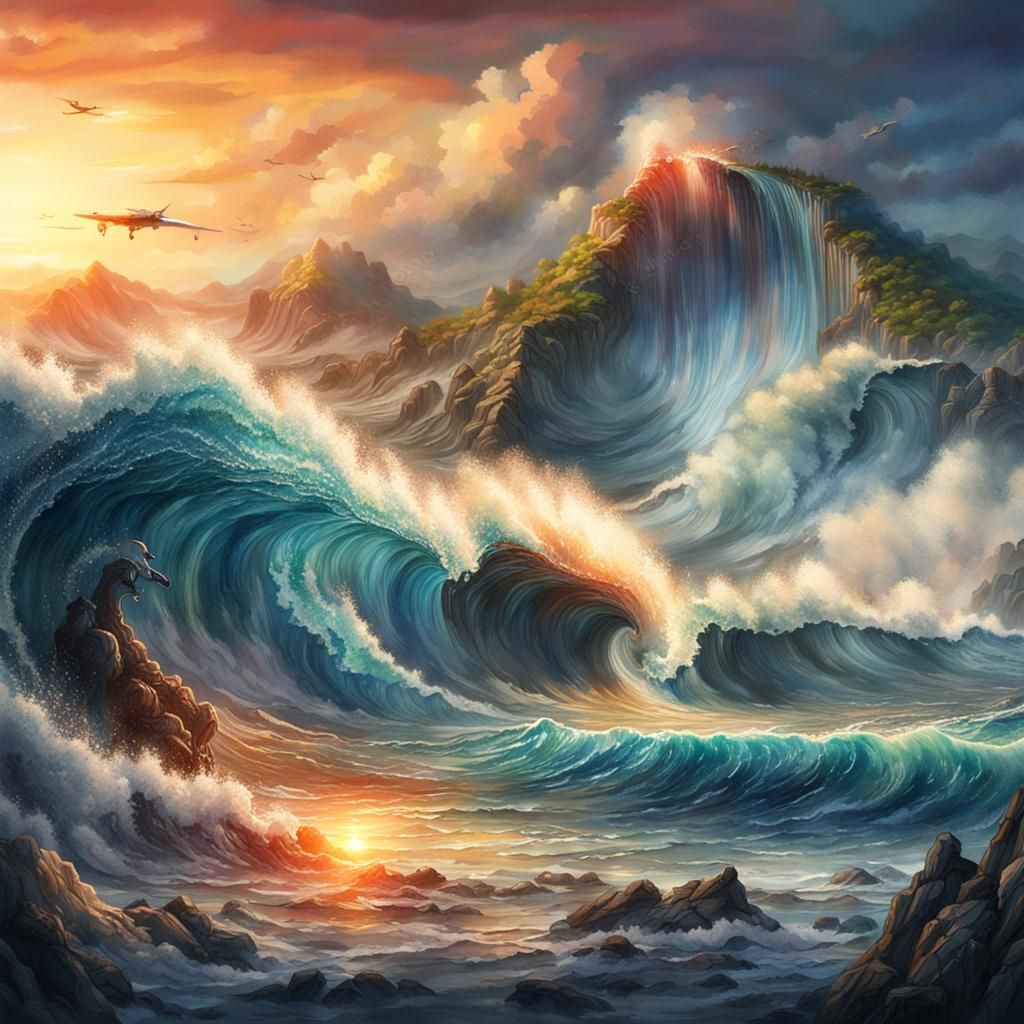 Sunset Tsunami Watercolor: Detailed Fantasy Art