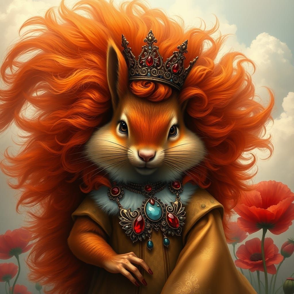 Squirrel with Voluminous Red Hair as Digital Oil Painting