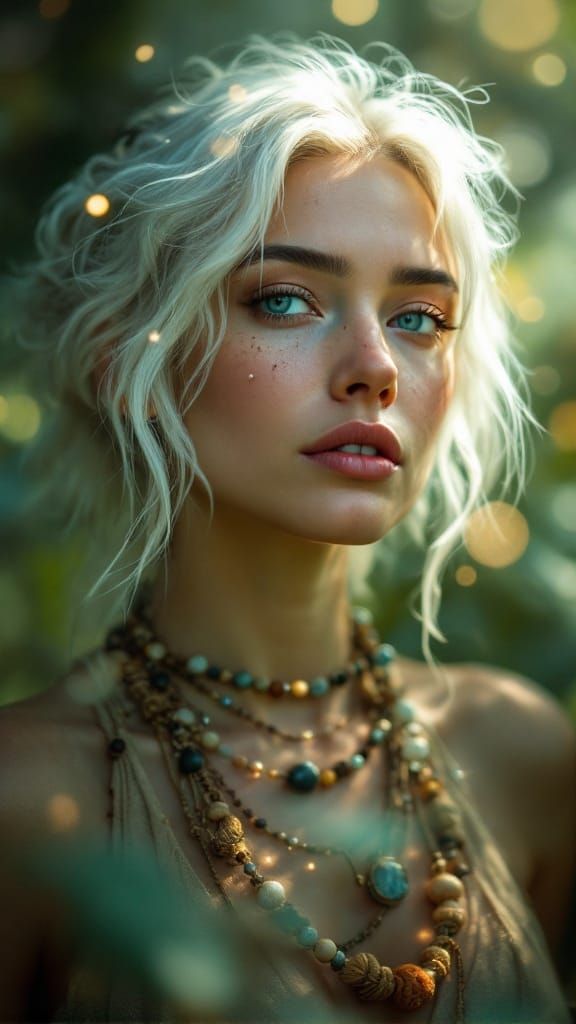 Ethereal Woman with Crystal White Hair and Soft Freckles in ...