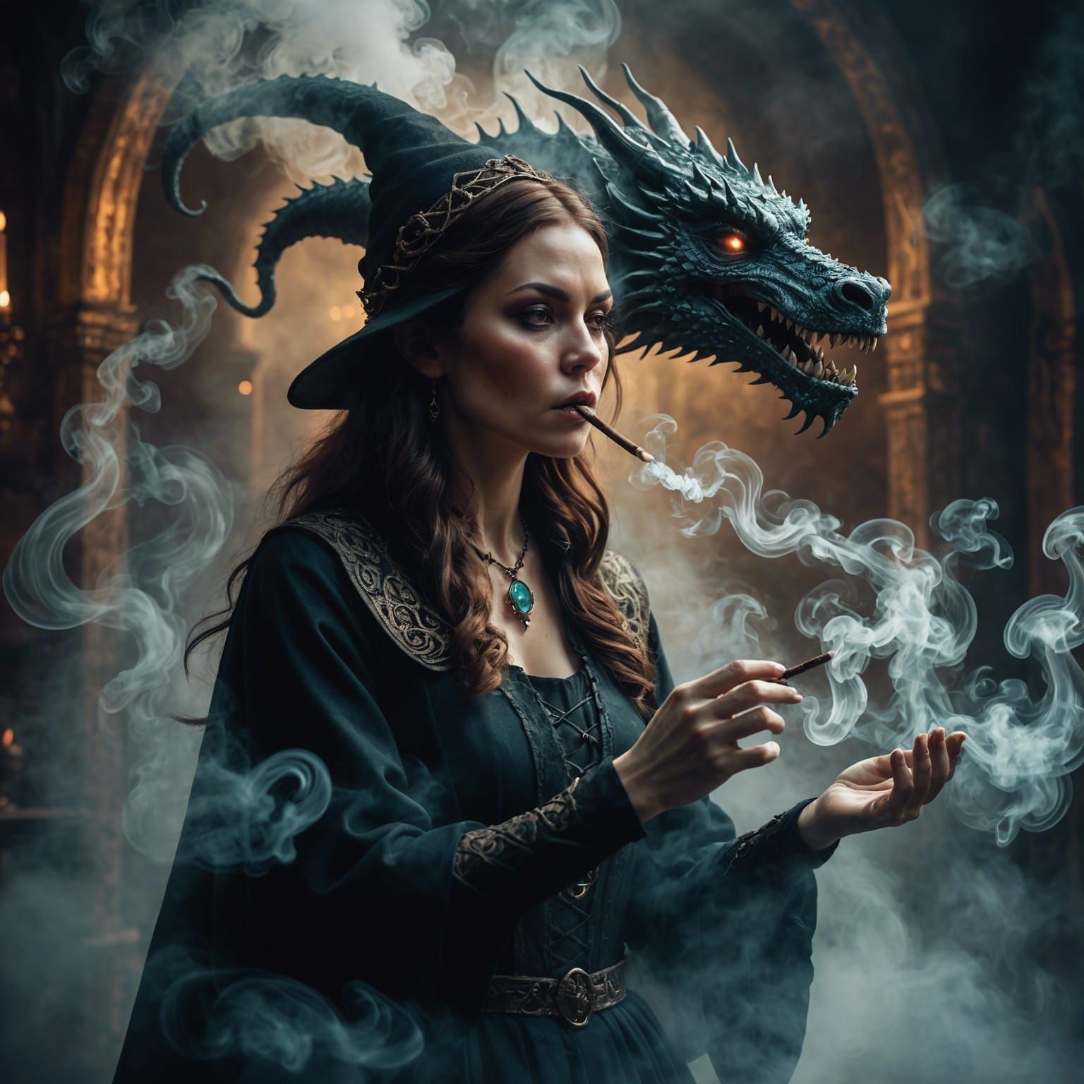 Mystic Witch Conjures Dragon Smoke: Digital Art