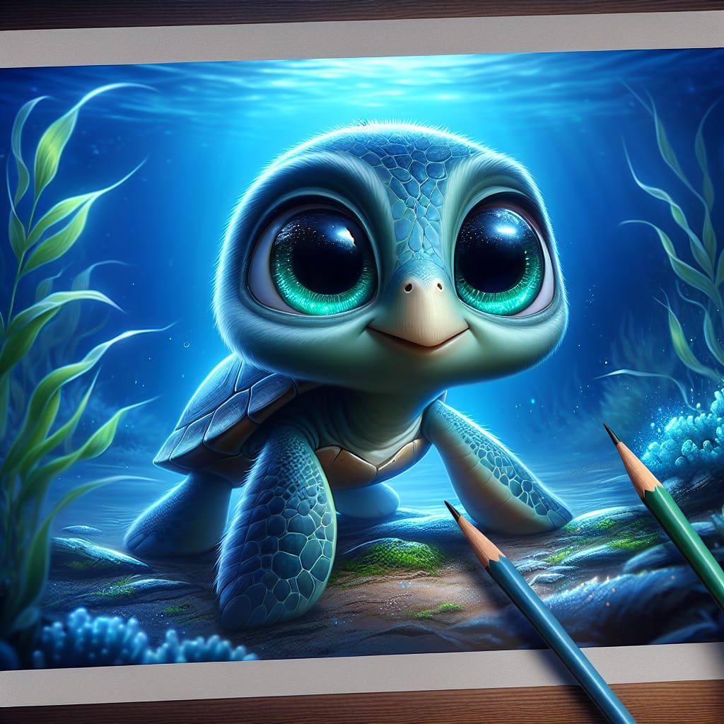 Anthropomorphic Turtle with Expressive Eyes in Blue Underwat...