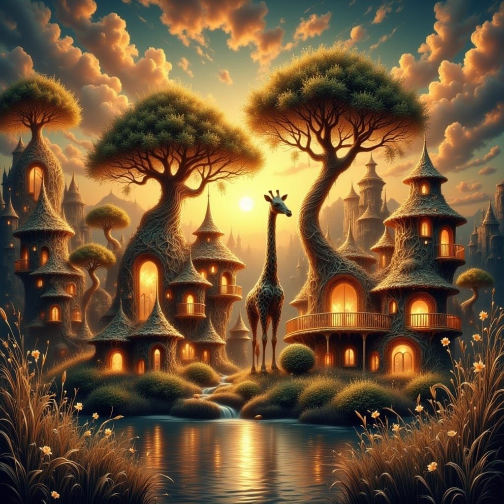 Whimsical Giraffe Castle Made of Light and Sandstone