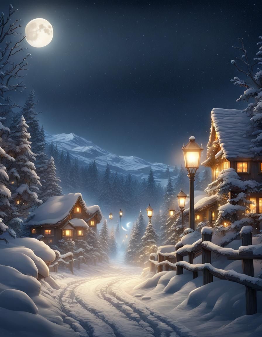 snowy Christmas trail through the woods at night, lights, lanterns, light poles, Houses, fence, moon, rabbits, mountains...