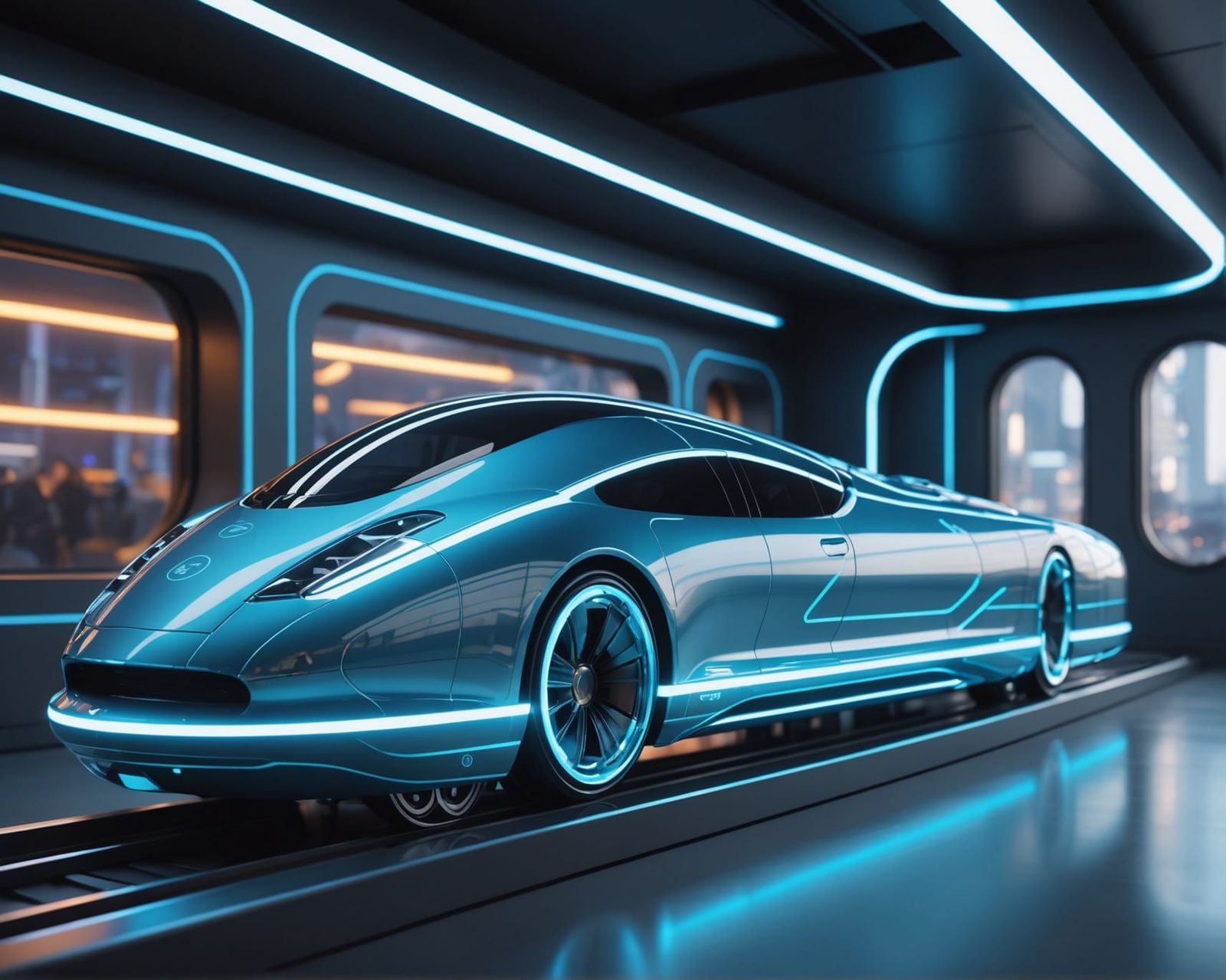 Futuristic Holographic Toy Train in Cyberpunk Style