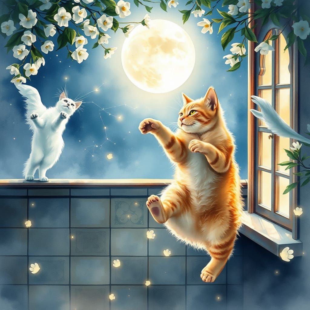 Moonlit Cat in Persian Courtyard, Watercolor