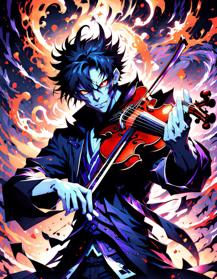 Demonic God Plays Violin in Vibrant Anime Style