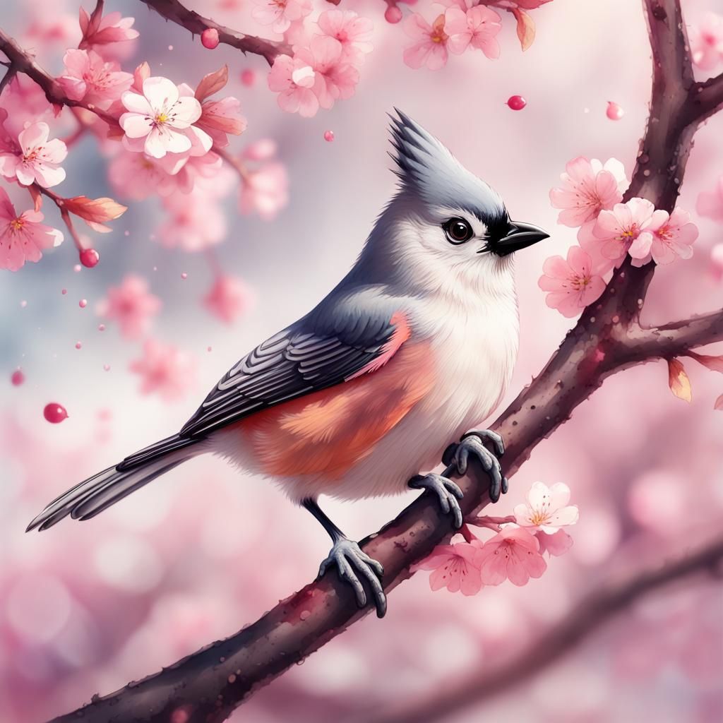 Tufted Titmouse in Cherry Blossoms: Watercolor Painting