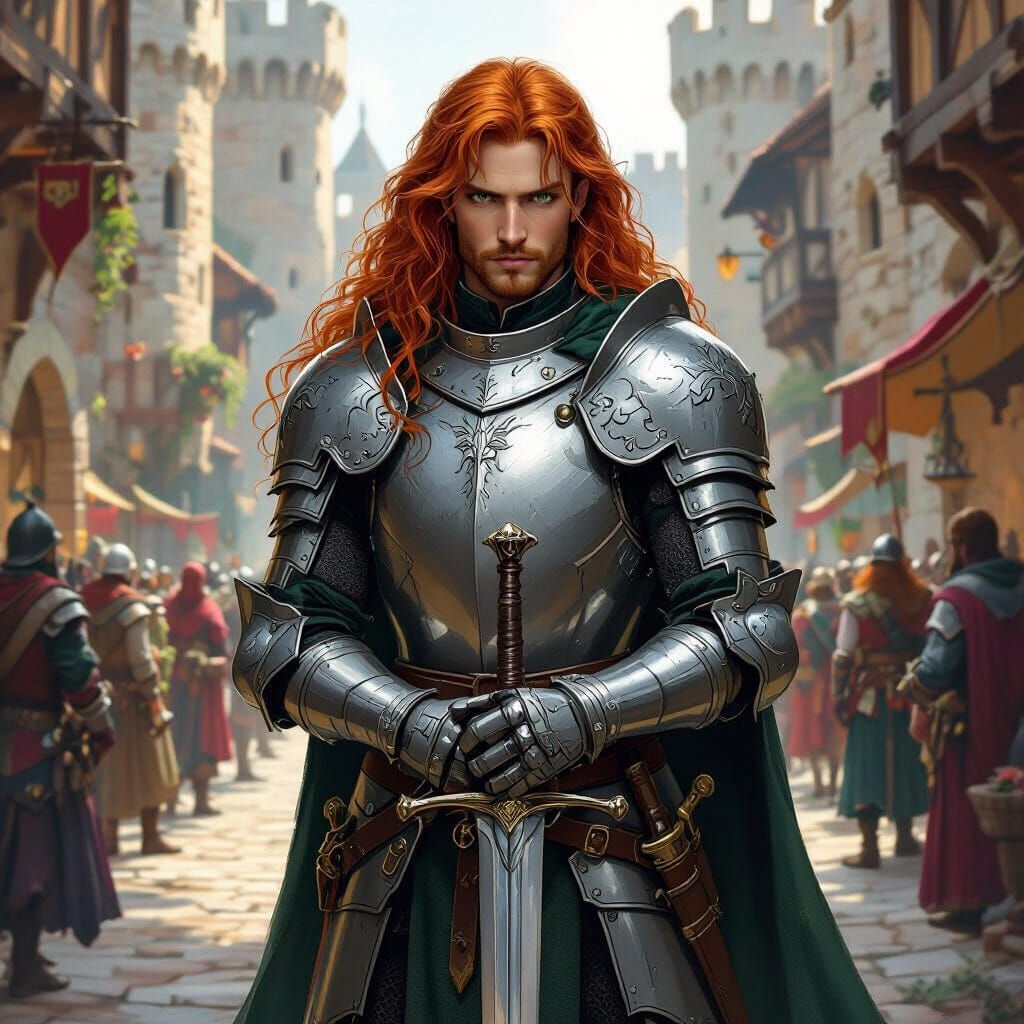 Red-Haired Knight in Medieval Castle Courtyard