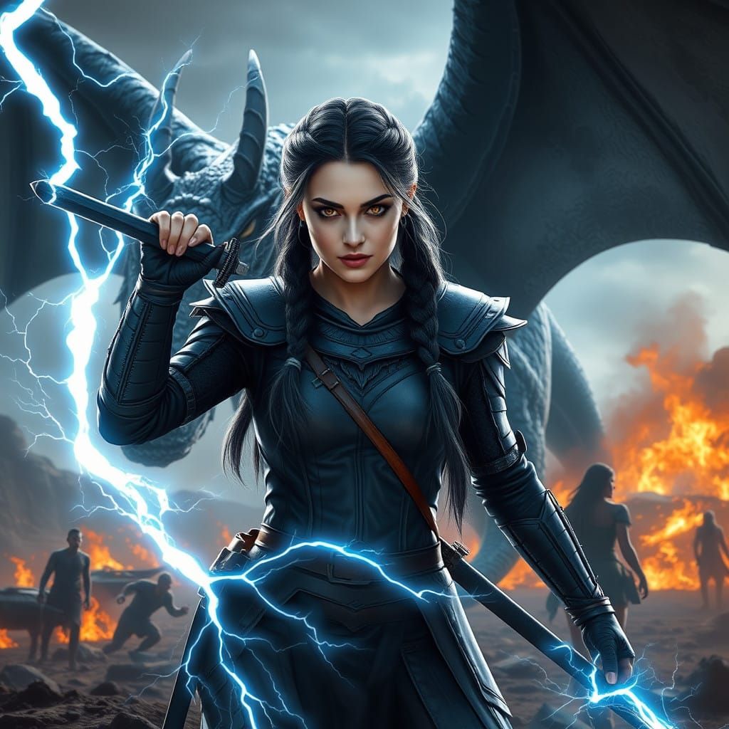 Warrior Maiden Prepares for Battle with Lightning-Wielding D...
