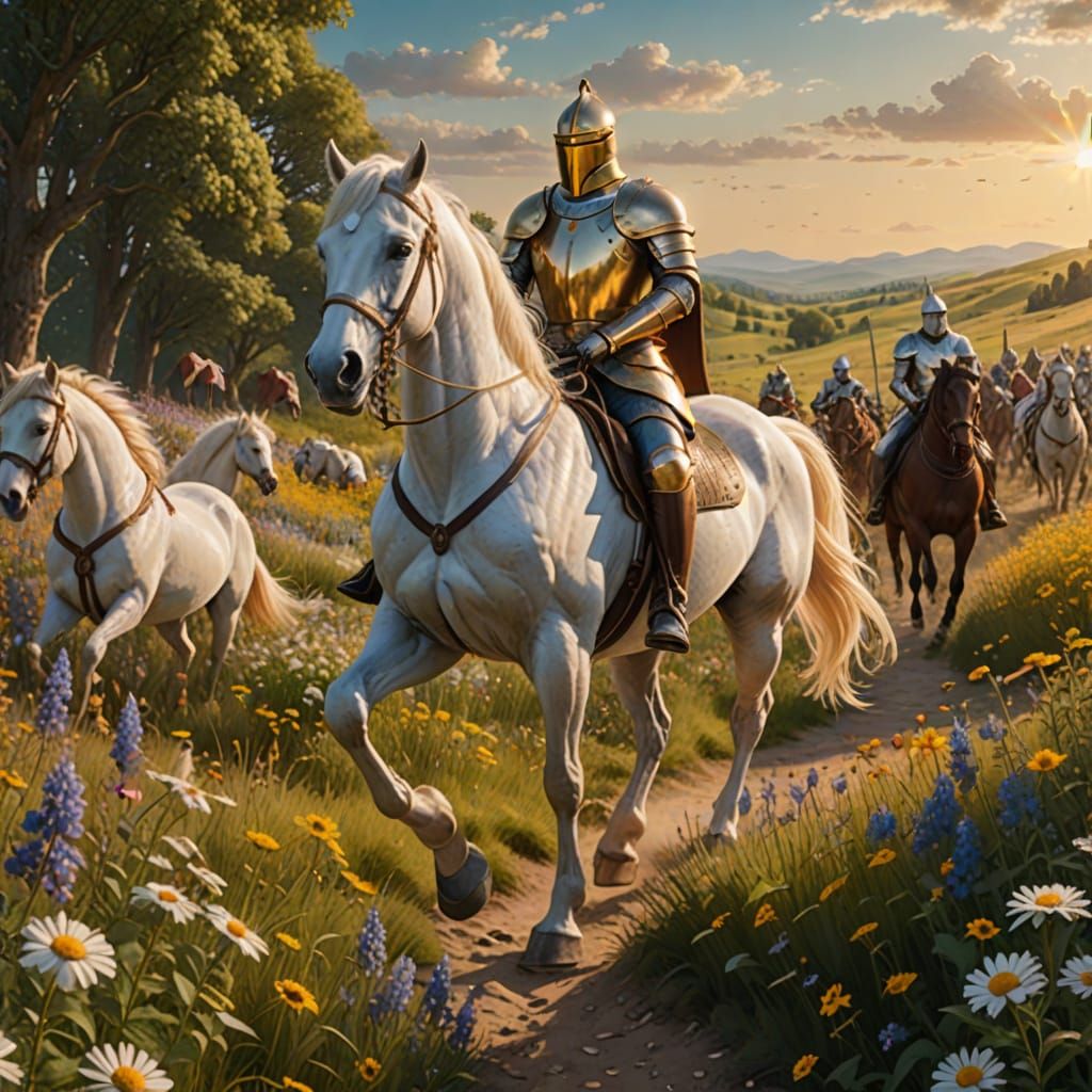 Heroic Knight Rides Majestic Horse Through Wildflower Meadow