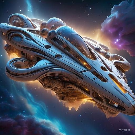 Ethereal Spaceship Soars Through Vibrant Nebula