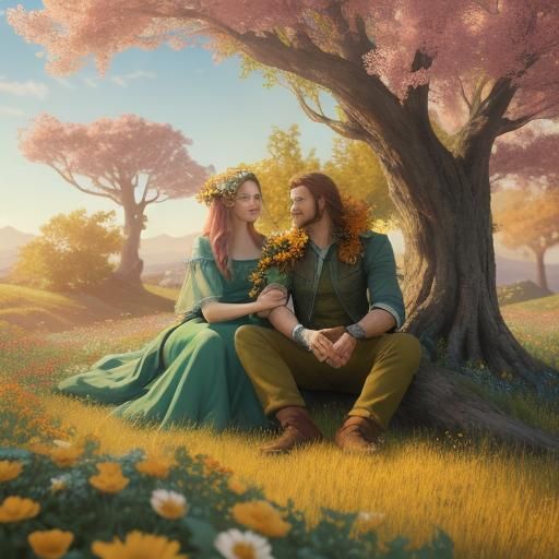 Couple in Wildflower Field: Colorful Fantasy Concept Art
