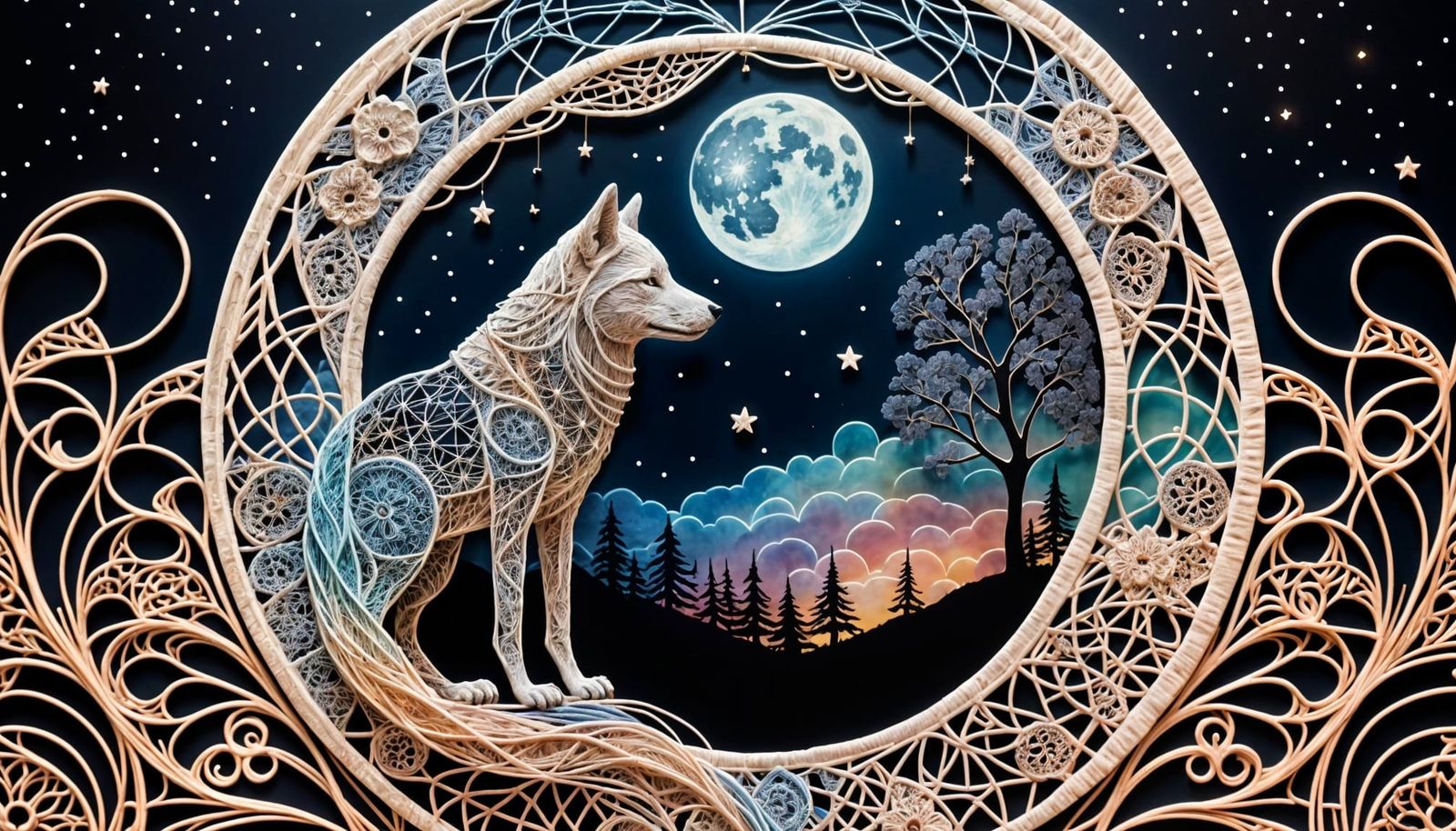 String Art Moon with Wolf in Art Nouveau Style