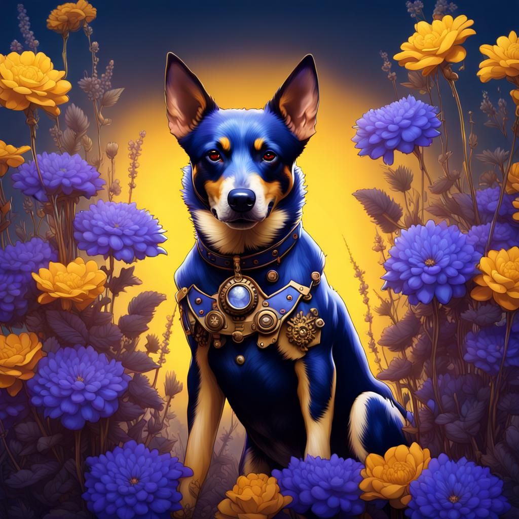 Steampunk Cattle Dog in Deep Blue Flowers