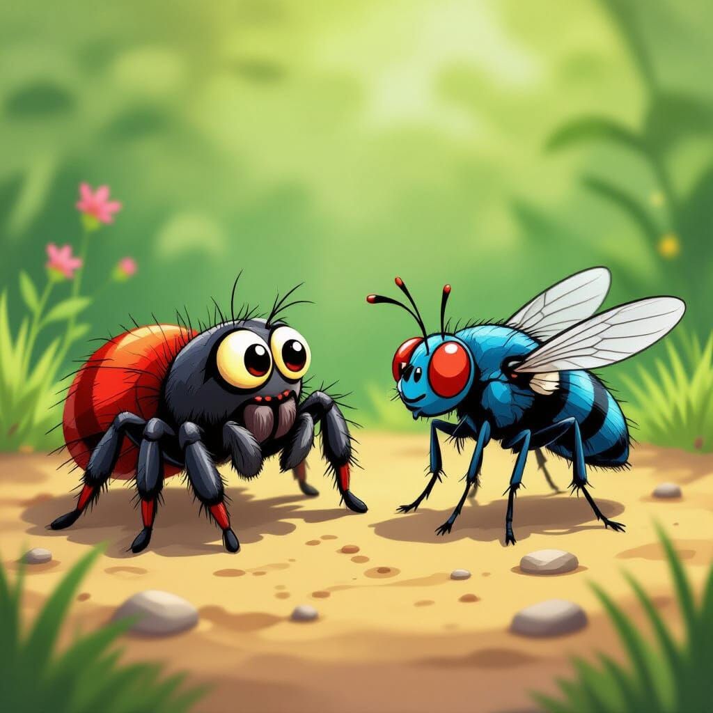 Unlikely Friends: A Cartoon Spider and Fly