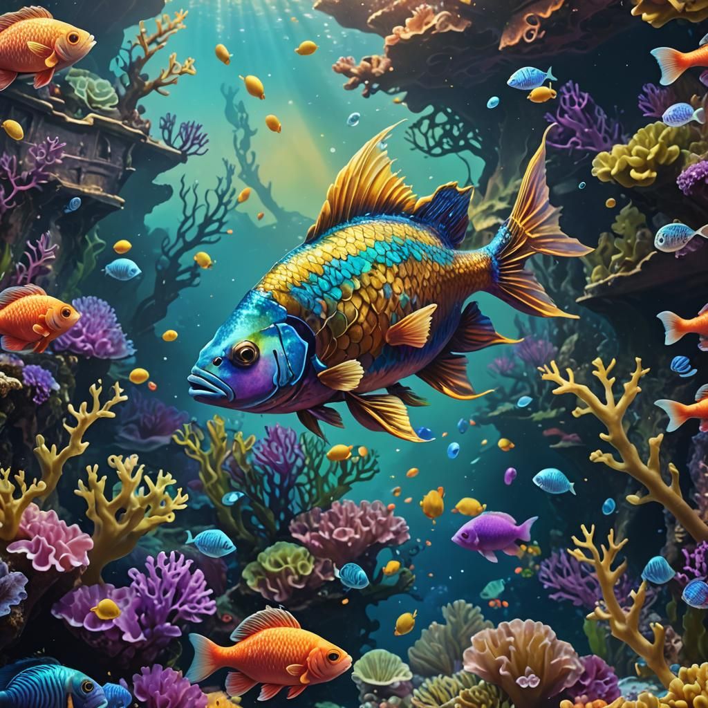 Vibrant Fish Swimming Near Sunken Ship: Baroque Painting
