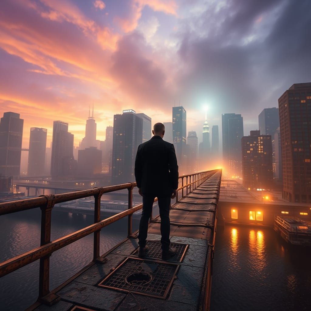 Cinematic Urban Scene with Lonely Man on Dilapidated Bridge