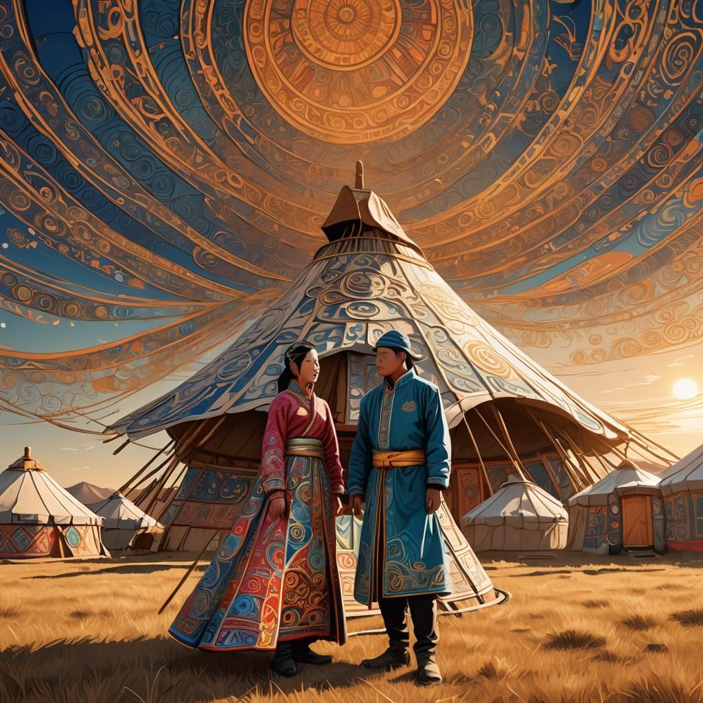 Mongolian Couple in Fractal Vector Art Style