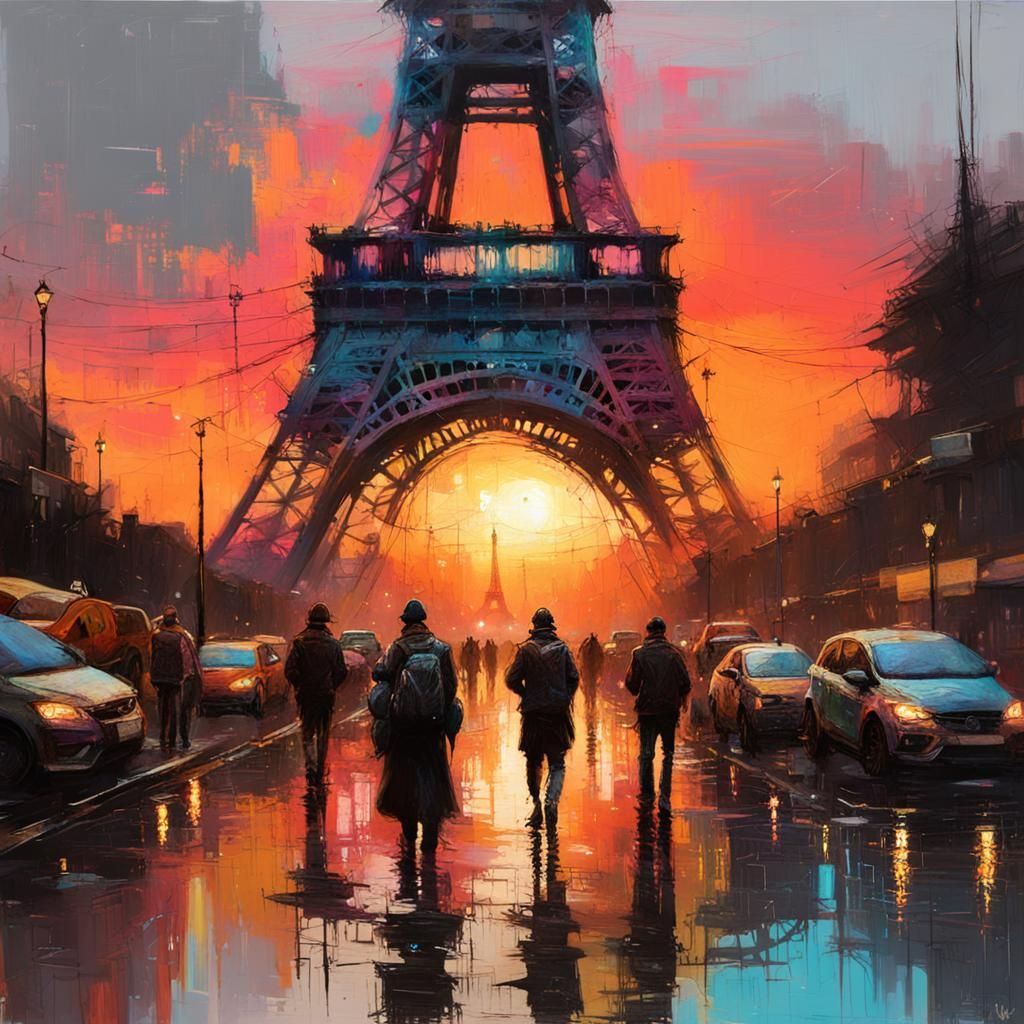 Eiffel Tower Sunset: Detailed Digital Painting