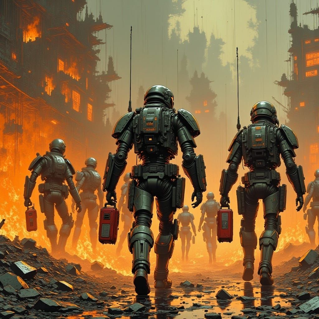 Power Armoured Heroes Rush to a Burning Wreck in a Cyberpunk...