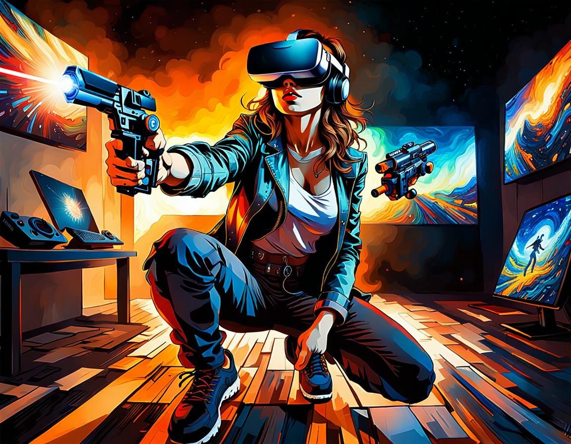 Gamer Girl in VR Simulation: Aetherpunk Digital Art