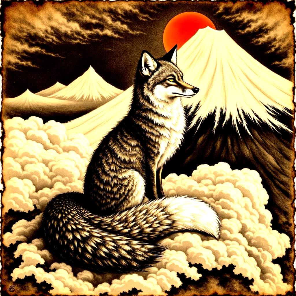Majestic Nine-Tailed Fox Beside Mount Fuji
