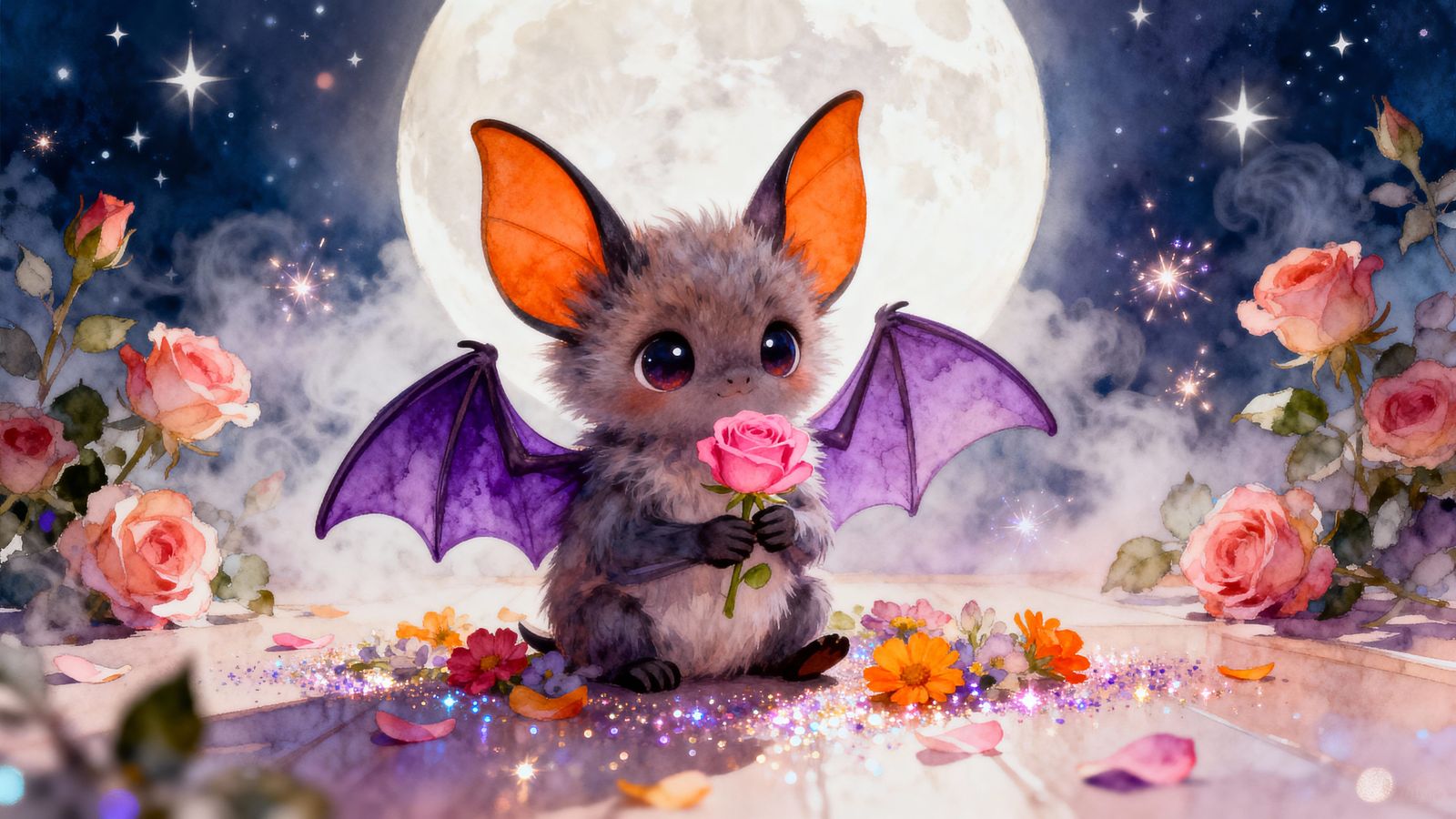 Cute Baby Bat with Rose, Magical Night Scene in Watercolor S...