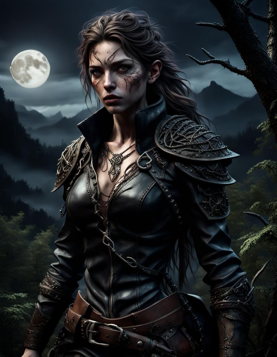 Brooding Huntress in Dark Woods