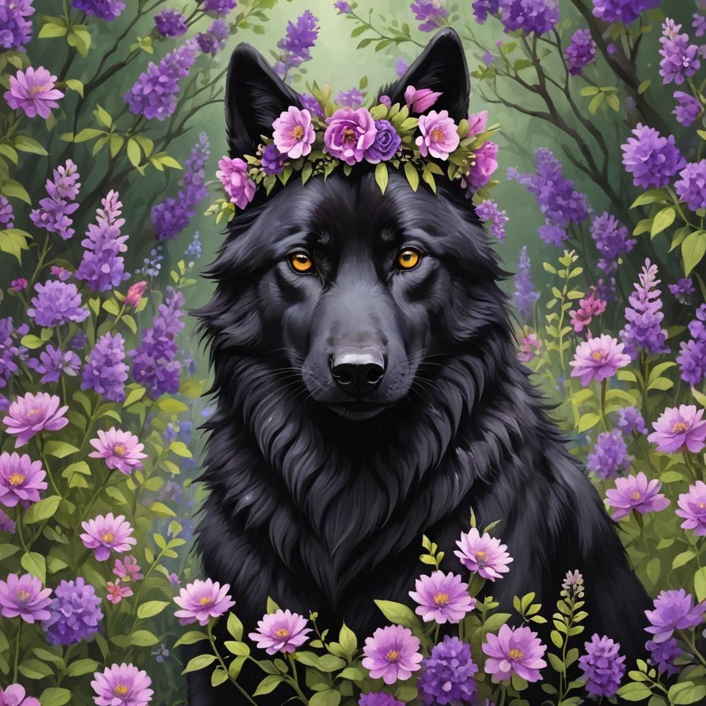 Black Wolf with Purple Flower Crown