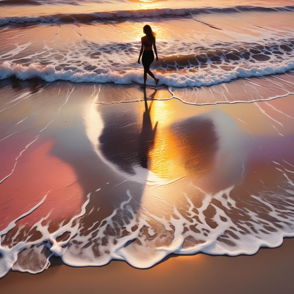 Golden Hour Silhouette on Beach as Oil Painting