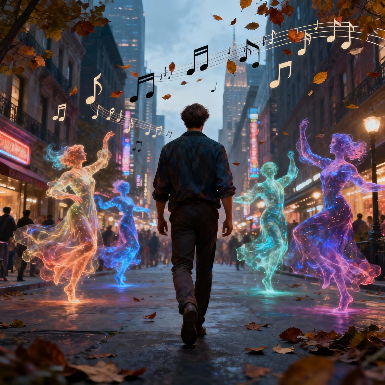 Man Unaware of Spectral Revelry in Matte Painting Cityscape