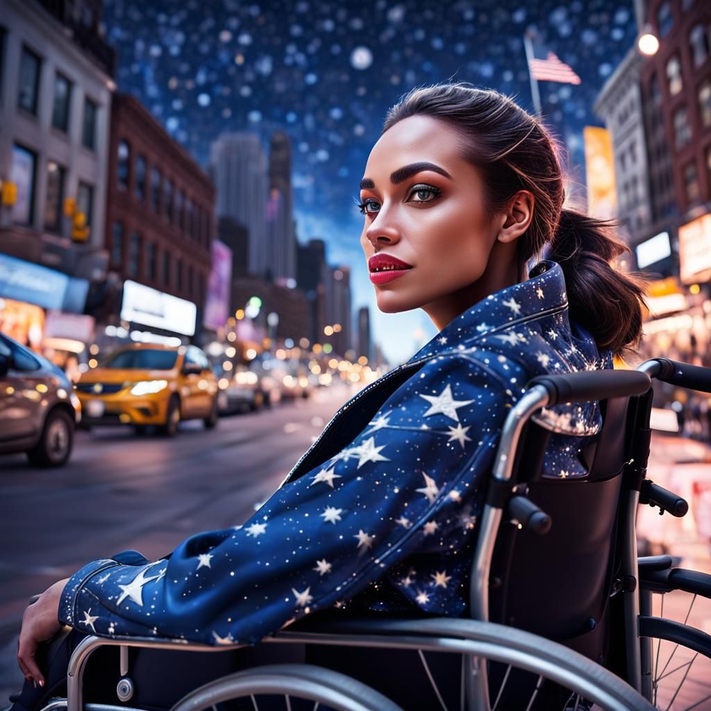 Young Girl in Wheelchair Shopping in Starry New York