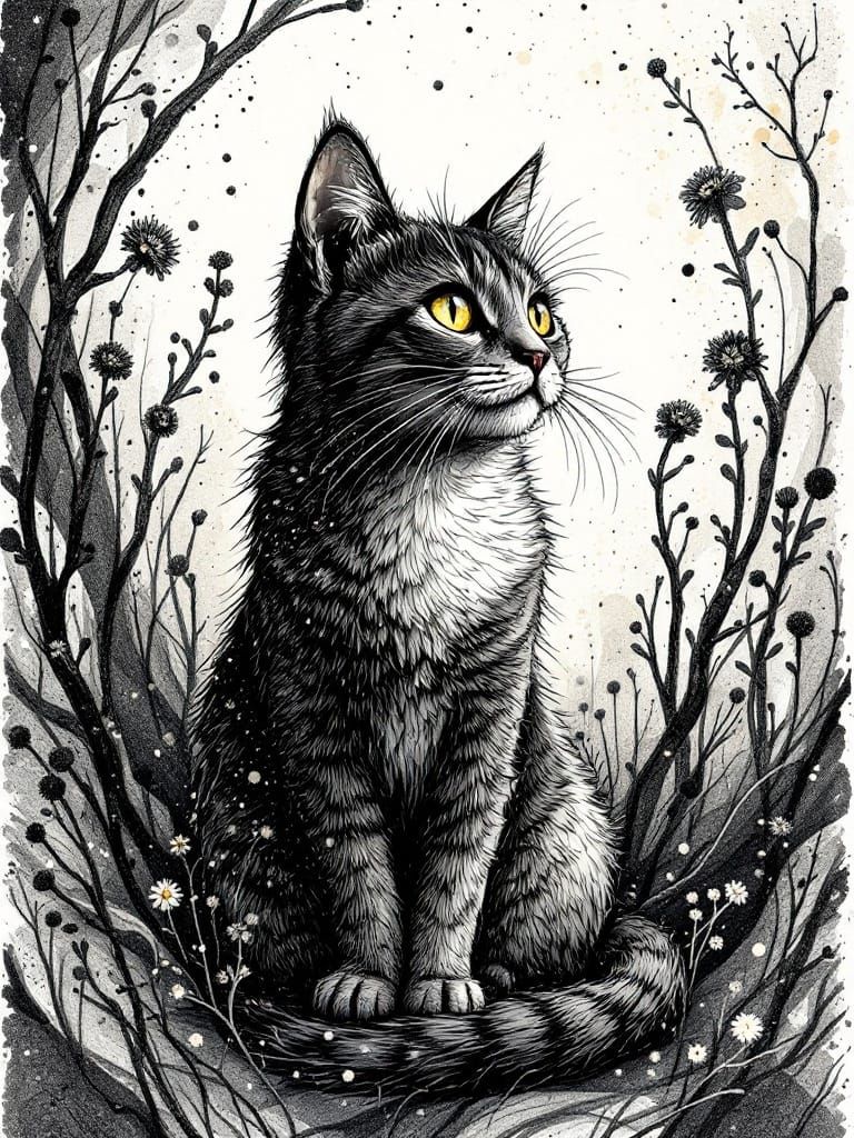 Whimsical Ink Drawing of a Beautiful Cat in Abstract Surroun...