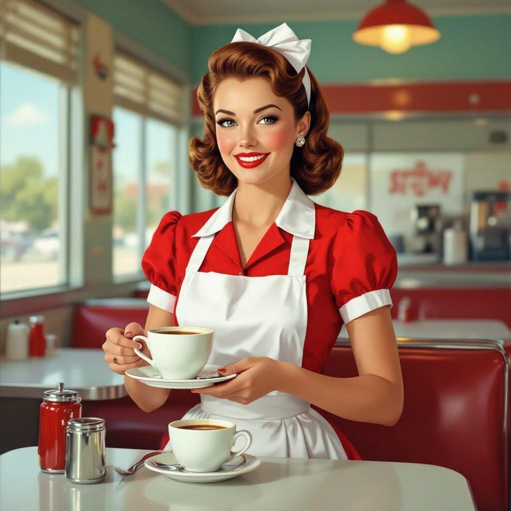 1950s Texas Waitress in Retro Diner, Pin-Up Art