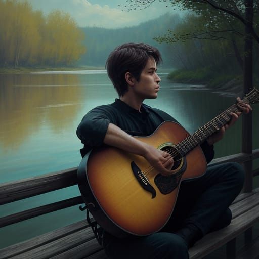 Acoustic Guitar Double Exposure with Riverside Scene