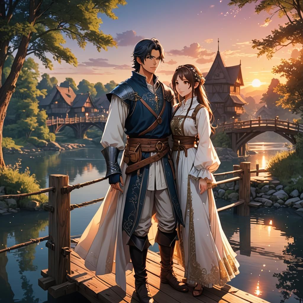Beautiful Anime Couple with a River and Quaint Village Background