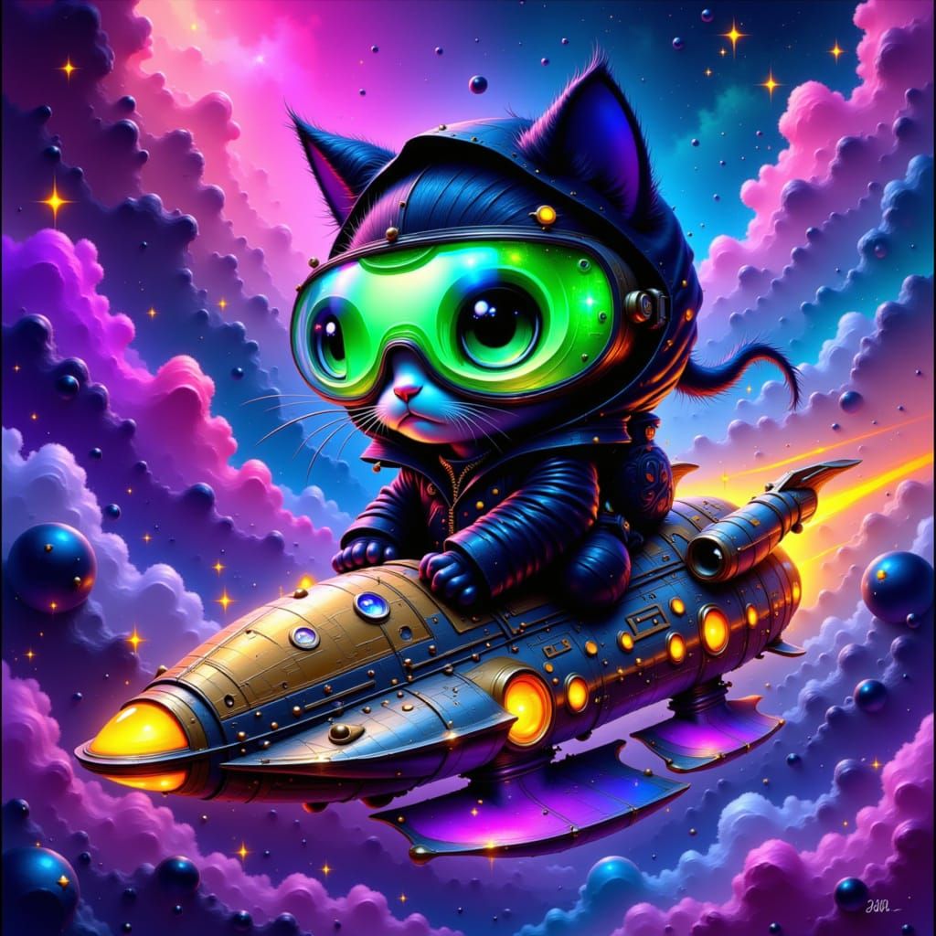 Cosmic Kitty Pilots Spaceship Through Nebula in Celestialpun...