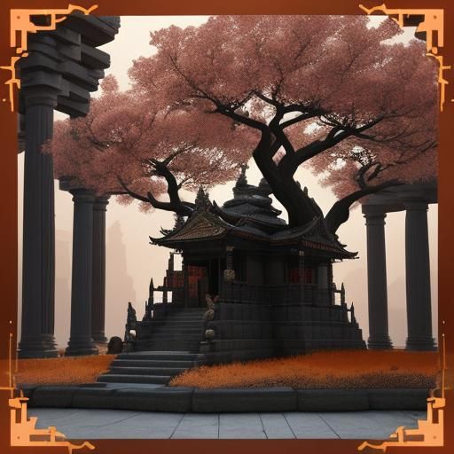 Surreal Feline Art: Kitten's Descent in Geometric Landscape