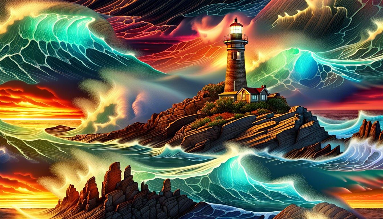 Bioluminescent Waves at Lighthouse Point: 3D Render