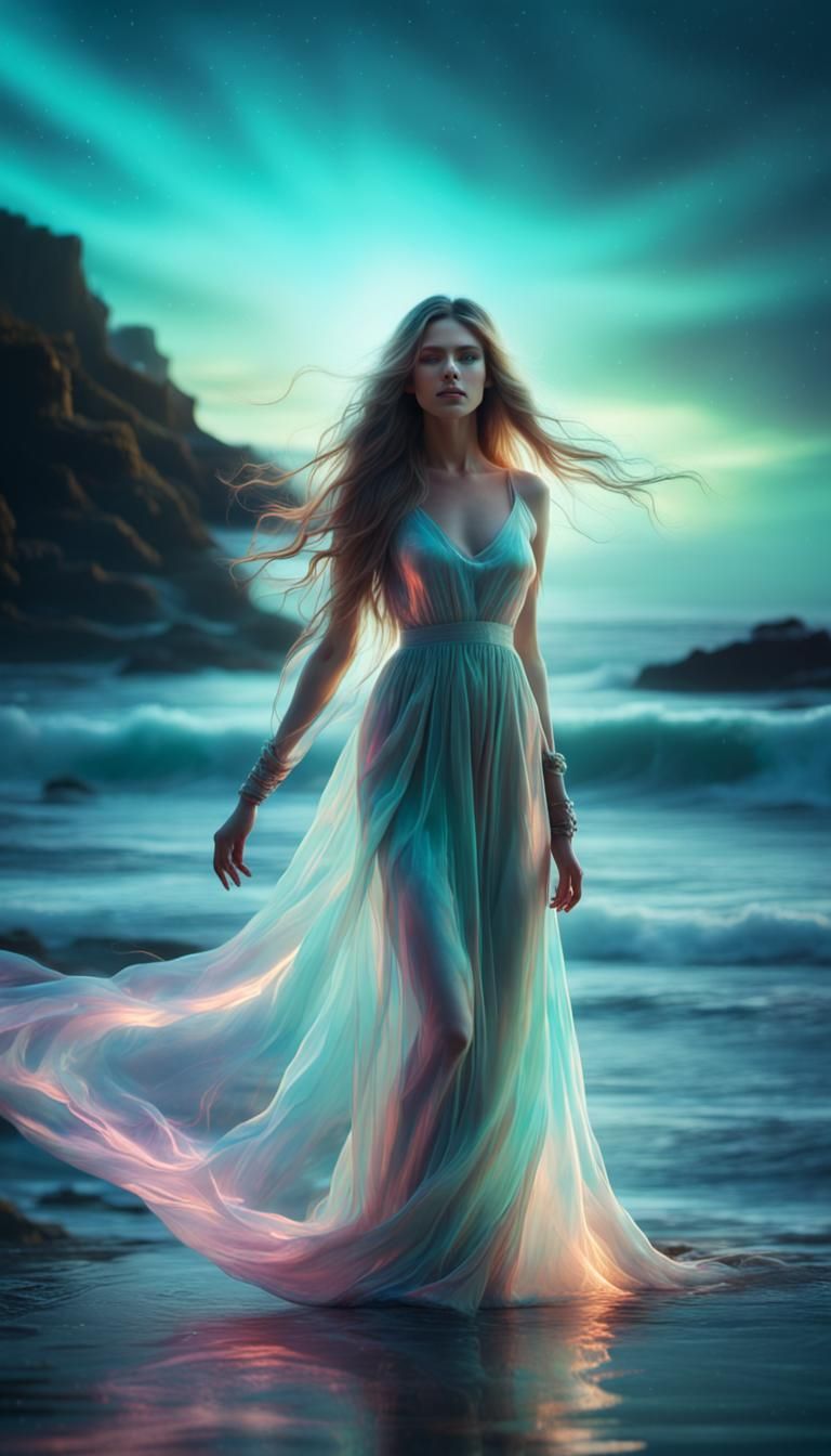 Bioluminescent Woman in Iridescent Landscape: Digital Art