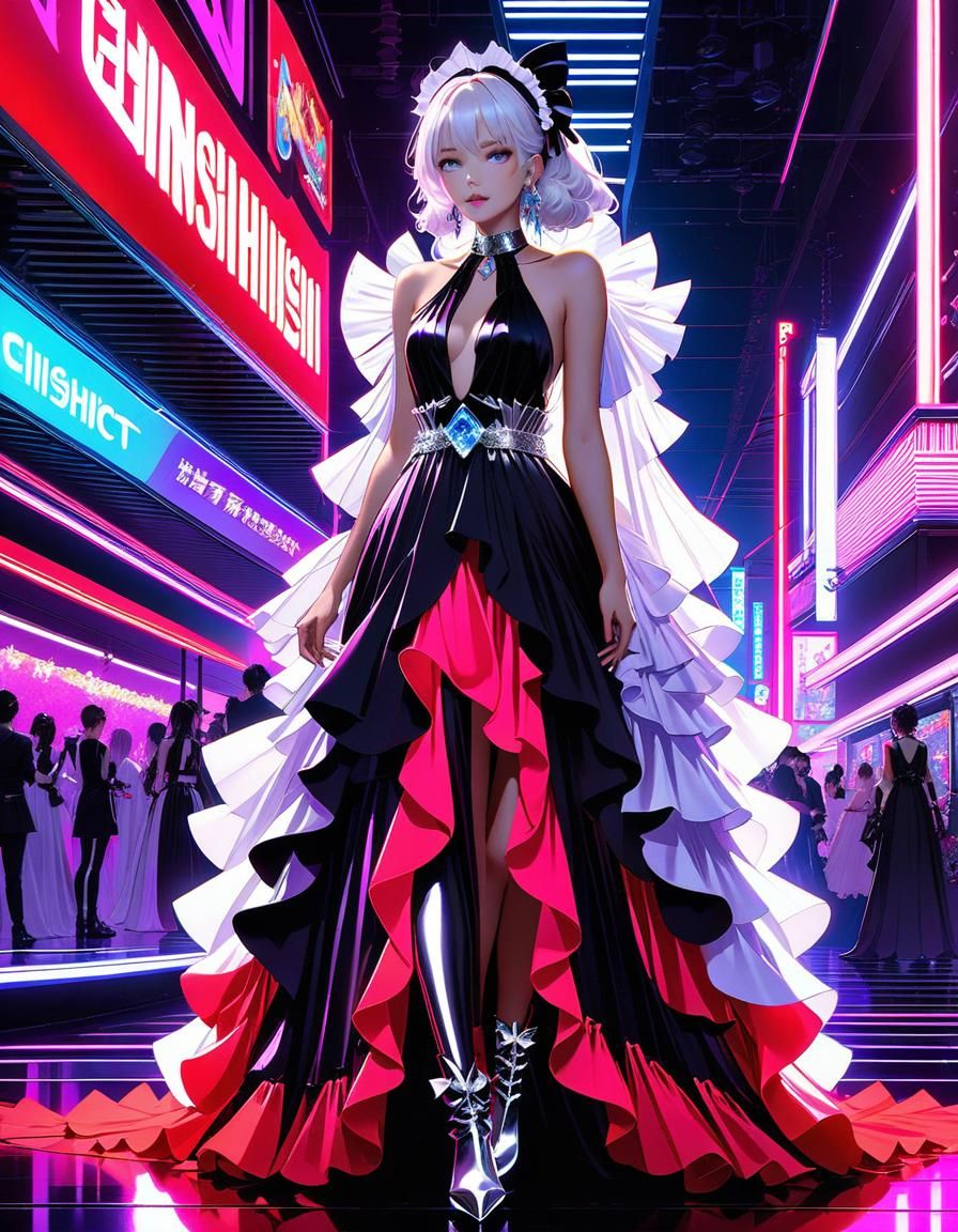 White Gothic Dress in Neon Lights: 3D Anime Art