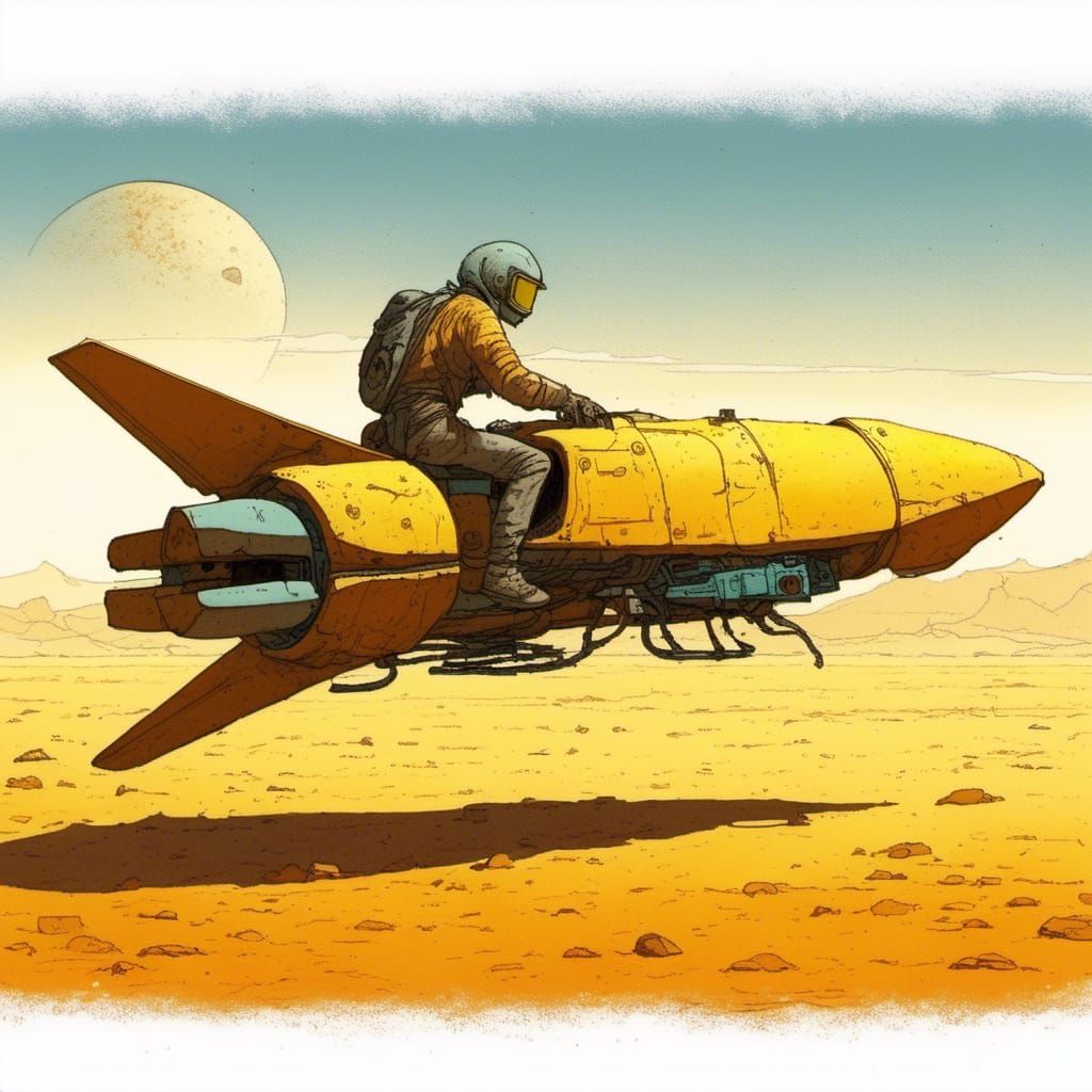 Moebius Style Hoverbike in Desert Landscape