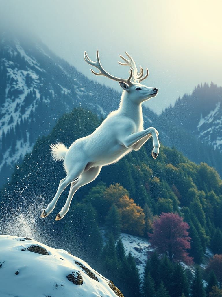 Albino Deer's Leap Between Winter and Spring