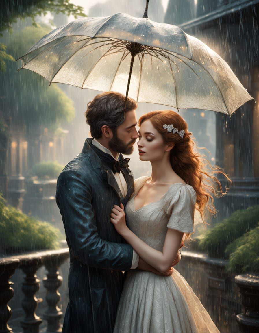 Dreamy Art Nouveau Couple Under Umbrella in Romantic Whimsy