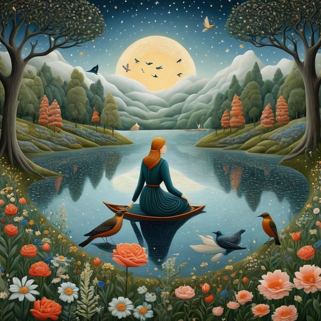 Mystical Girl with Birds in Magic Realism Style